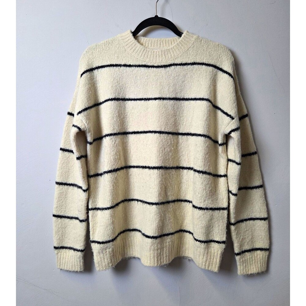 Lush Womens Ivory Black Striped Knit Crewneck Pullover Sweater Rib Trim S